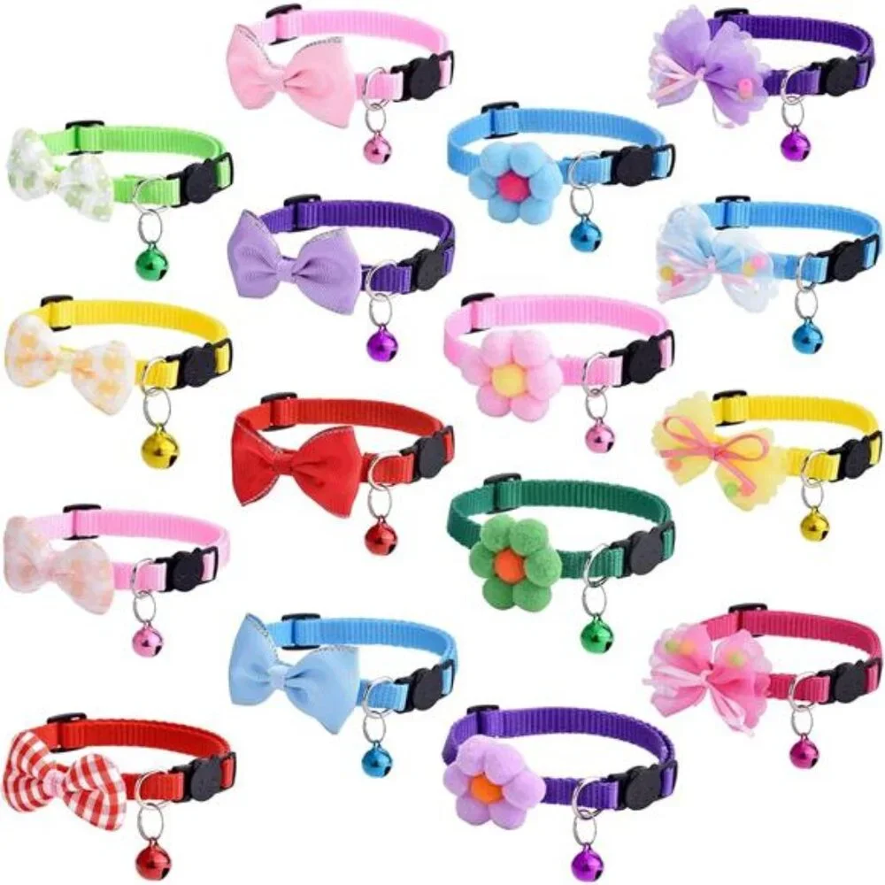 16 PCS Cute Cat Collar with Bells Kitten Collars for Girls Pink Cat Collar